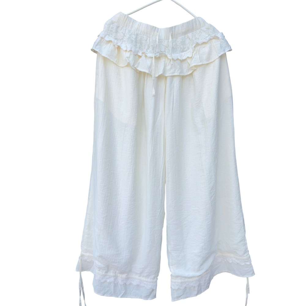 Cider Wide Leg Pants Women Small Cream Ruffle Lace Trim Cottagecore Boho NEW